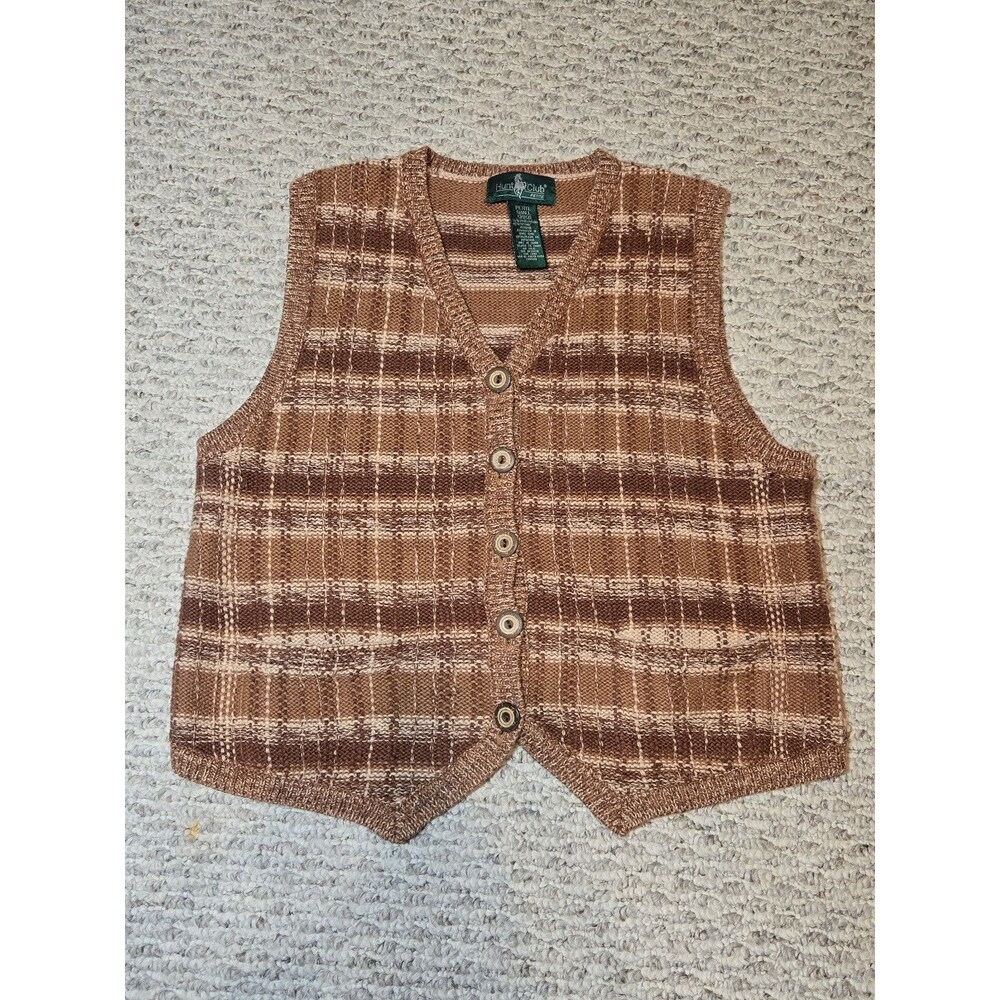 Hunt Club Sweater Vest Button Plaid Brown Cream Women's Size Petite Small Vtg